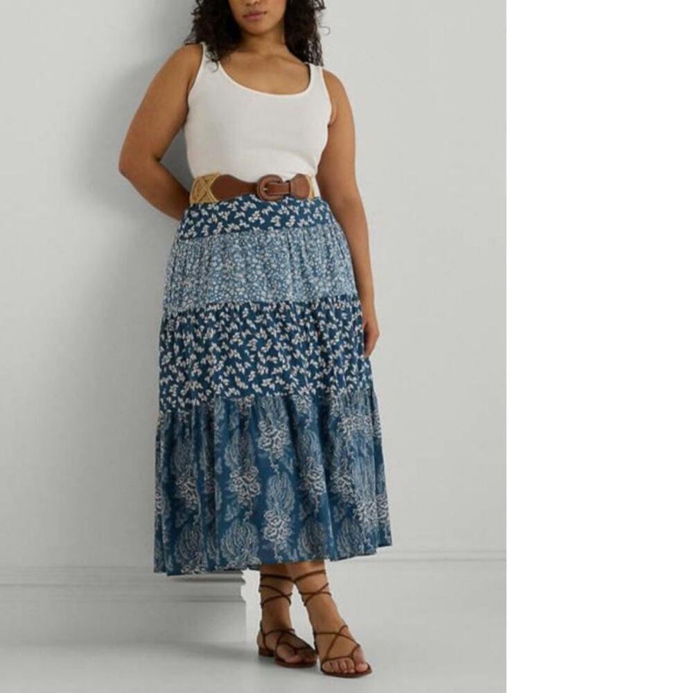 Ralph Lauren Floral Cotton Tiered Ruffle Hem Maxi Skirt Blue White 16 Romantic - Picture 13 of 14